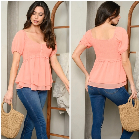 BaeVely Vintage Chic Salmon Short Sleeves Babydoll Top - Picture 2 of 6